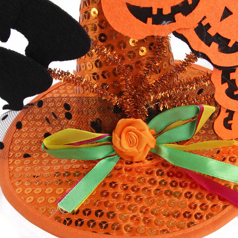 Colorful Halloween pumpkin hat with sequins and playful decorations for pets, perfect for festive celebrations.