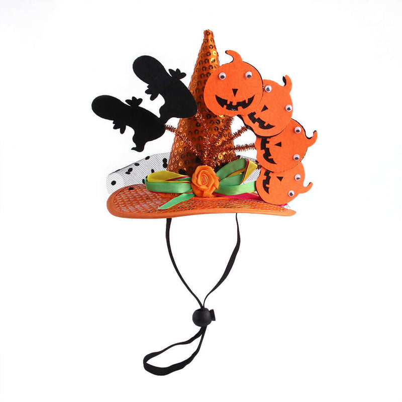 Halloween pumpkin hat for pets with bats and pumpkins design, perfect for festive photos and parties.