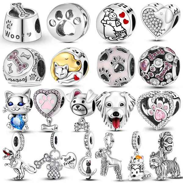 925 Silver Dog Charms: Paw, Bone & Bulldog Beads