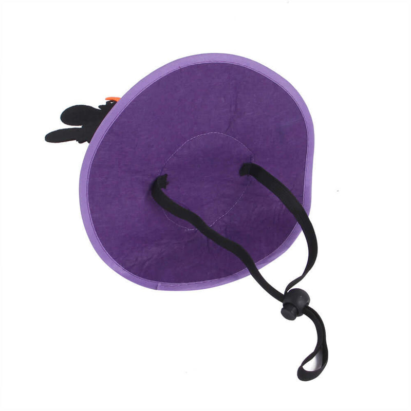 Purple Halloween hat with adjustable strap and black bat design for pets, perfect for festive celebrations and photo ops.